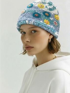 Handmade Cottagecore Crochet Flower Bucket Hat Cozy Plush Chenille